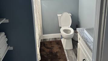 Une salle de bain comprenant des toilettes, un espace douche et une fenêtre.