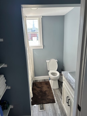 A bathroom with a toilet, a shower area, and a window. - Newly Renovated House in Buffalo, Ky (Buffalo)