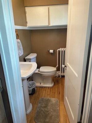 A bathroom with a toilet, sink, and radiator.