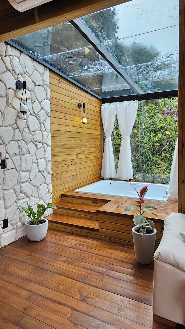 A cozy room with a stone wall, wooden paneling, a glass ceiling, a wooden bench, and two potted plants.