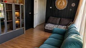 Une pièce avec un canapé de couleur turquoise, un plancher en bois, un luminaire suspendu et un climatiseur fixé au mur.