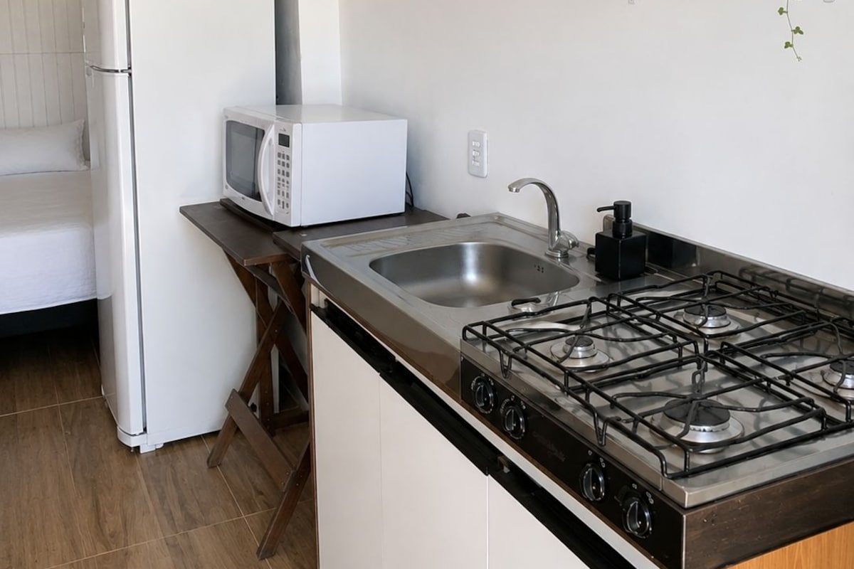 Une cuisine compacte équipée d’un réfrigérateur, d’un four à micro-ondes, d’un évier et d’une cuisinière à gaz.