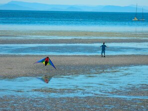 A beach with a person flying a kite and a sailboat in the distance. - GB  102: Beautiful water view! Great Birch Bay location, free Wi-Fi. (Birch Bay)