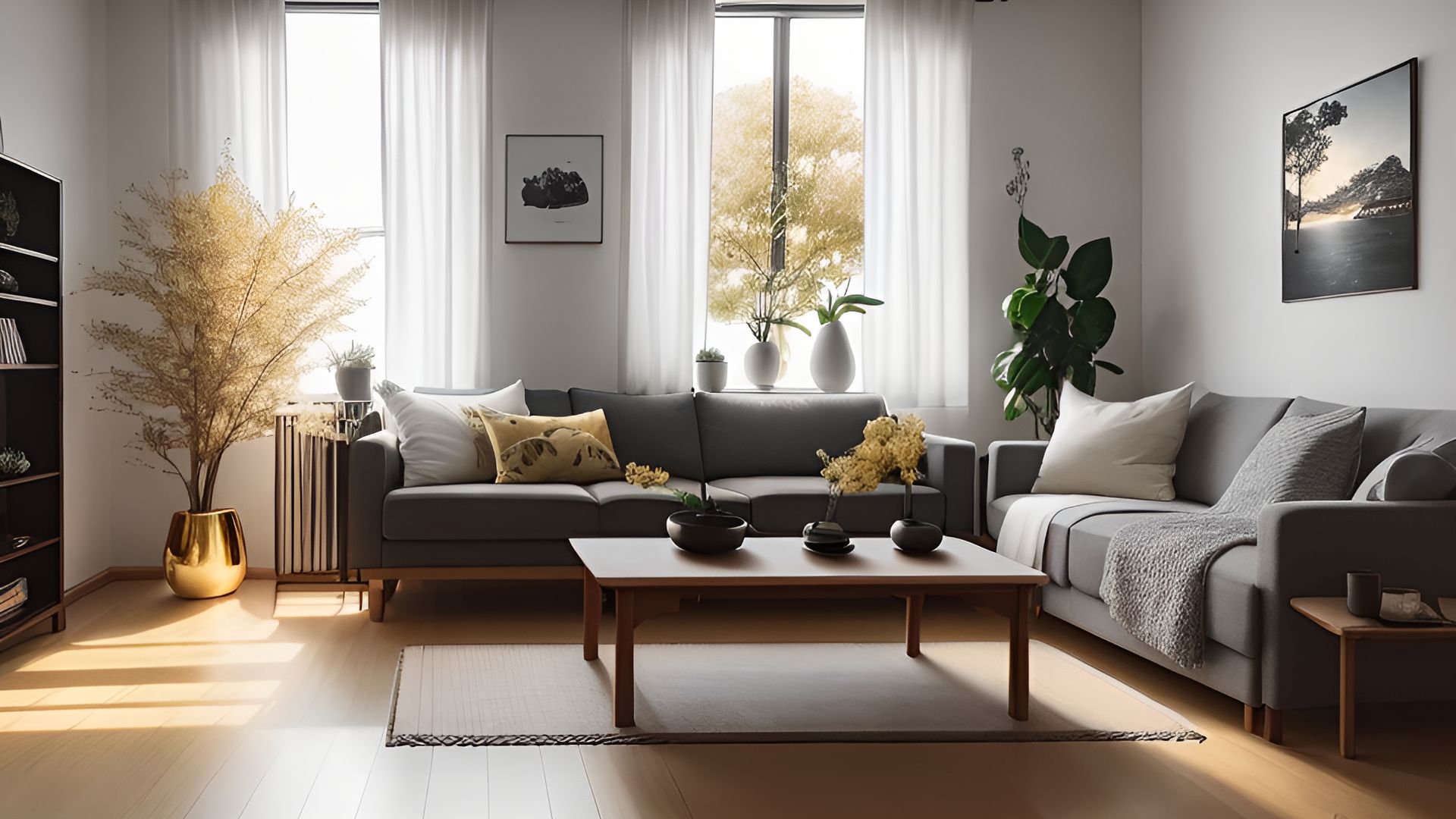 A modern living room with a sofa, coffee table, and decorative plants.