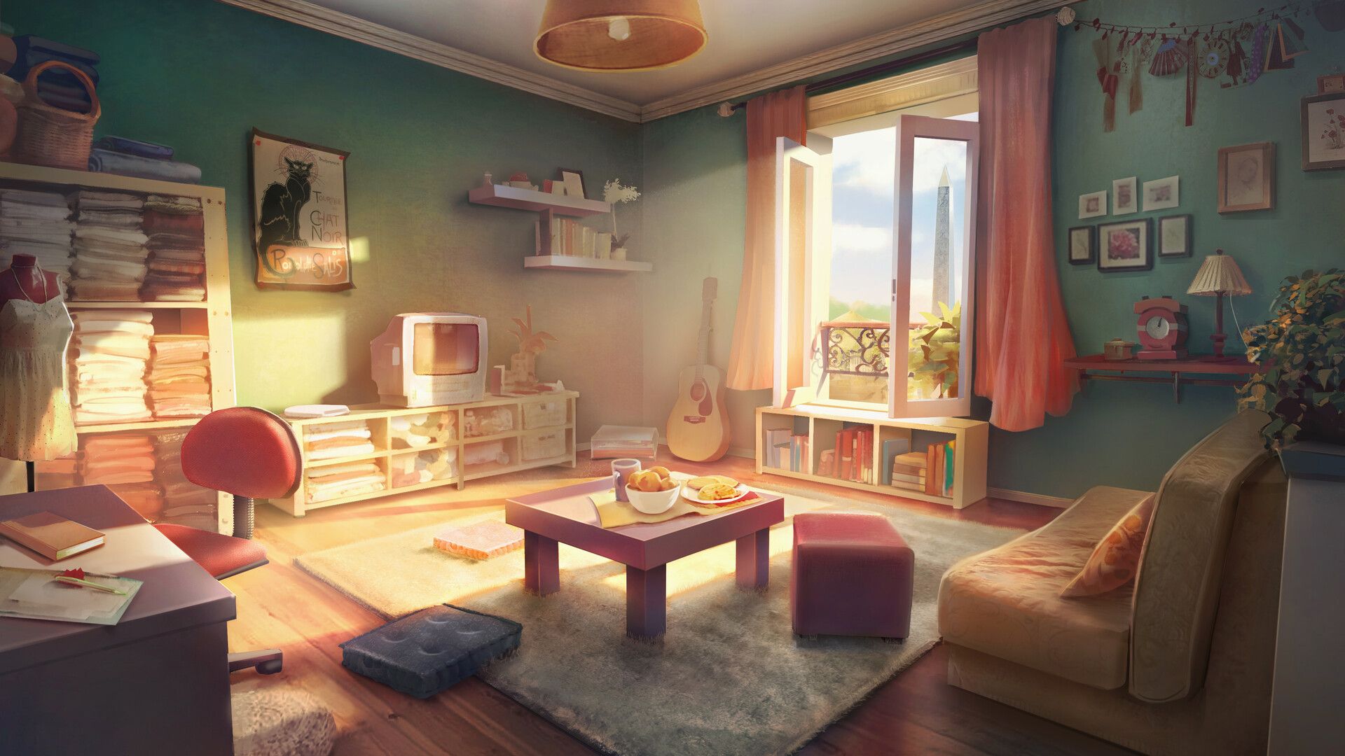 A cozy living room with a sofa, a coffee table, and a bookshelf.