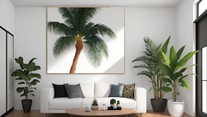 Uma sala de estar moderna com um sofá branco, uma mesa de centro e grandes vasos de plantas.