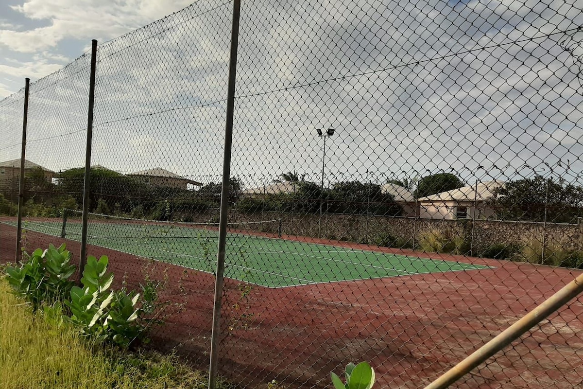 Uma quadra de tênis cercada, com superfície vermelha e linhas de demarcação verdes.