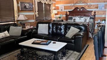 A cozy living room with a fireplace, leather sofas, and a patterned rug.
