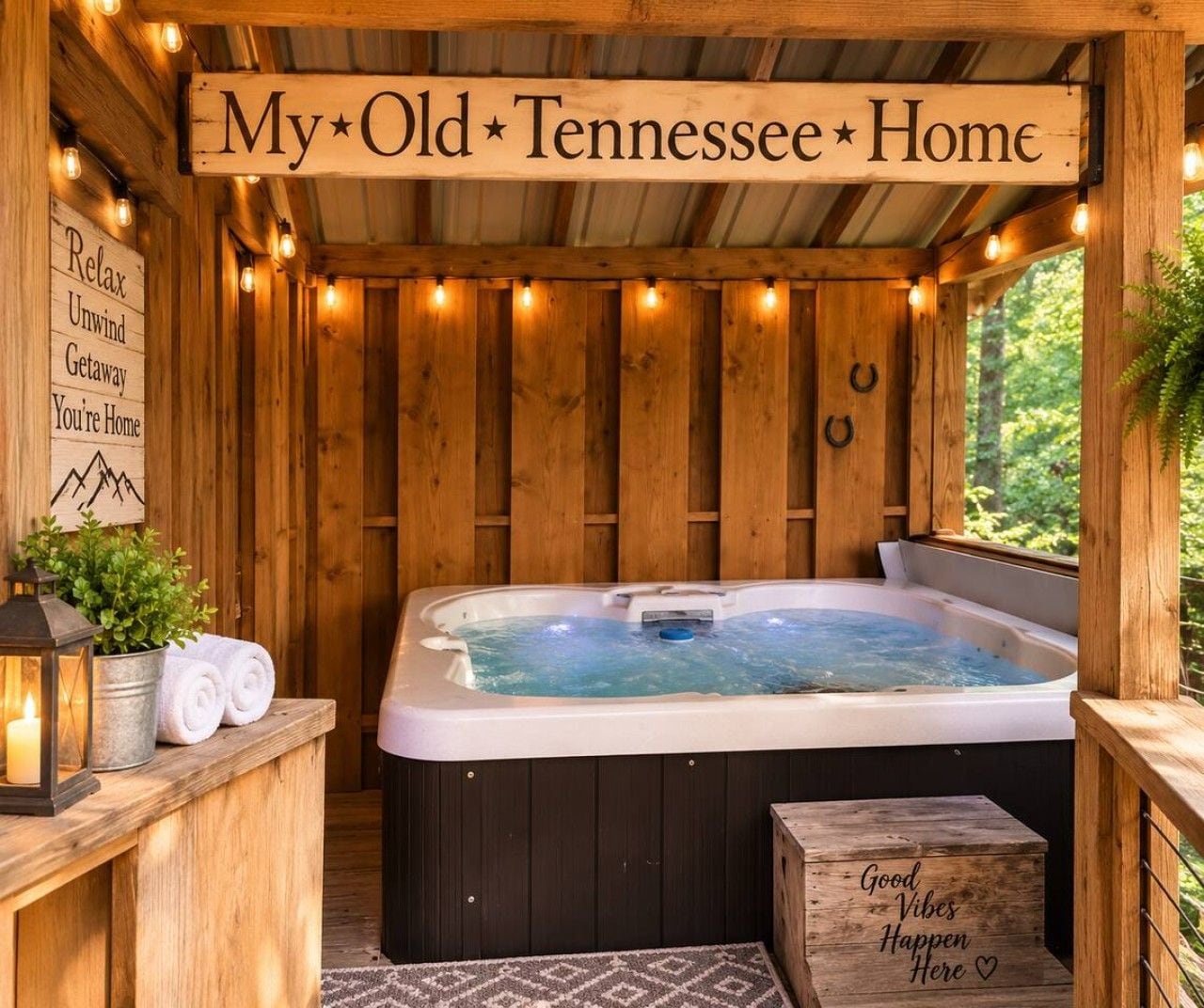 A wooden cabin with a hot tub, a sign reading 'My Old Tennessee Home,' and a sign with 'Relax Unwind Getaway You're Home' on the left.