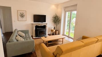 A modern living room with a fireplace, sofas, and a television.