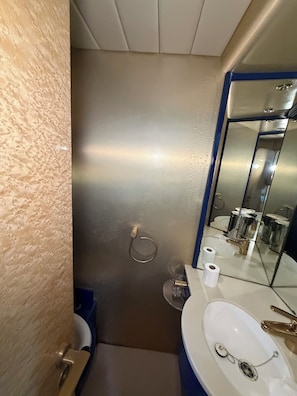 Ein Badezimmer mit Waschbecken, Spiegel und Toilette.