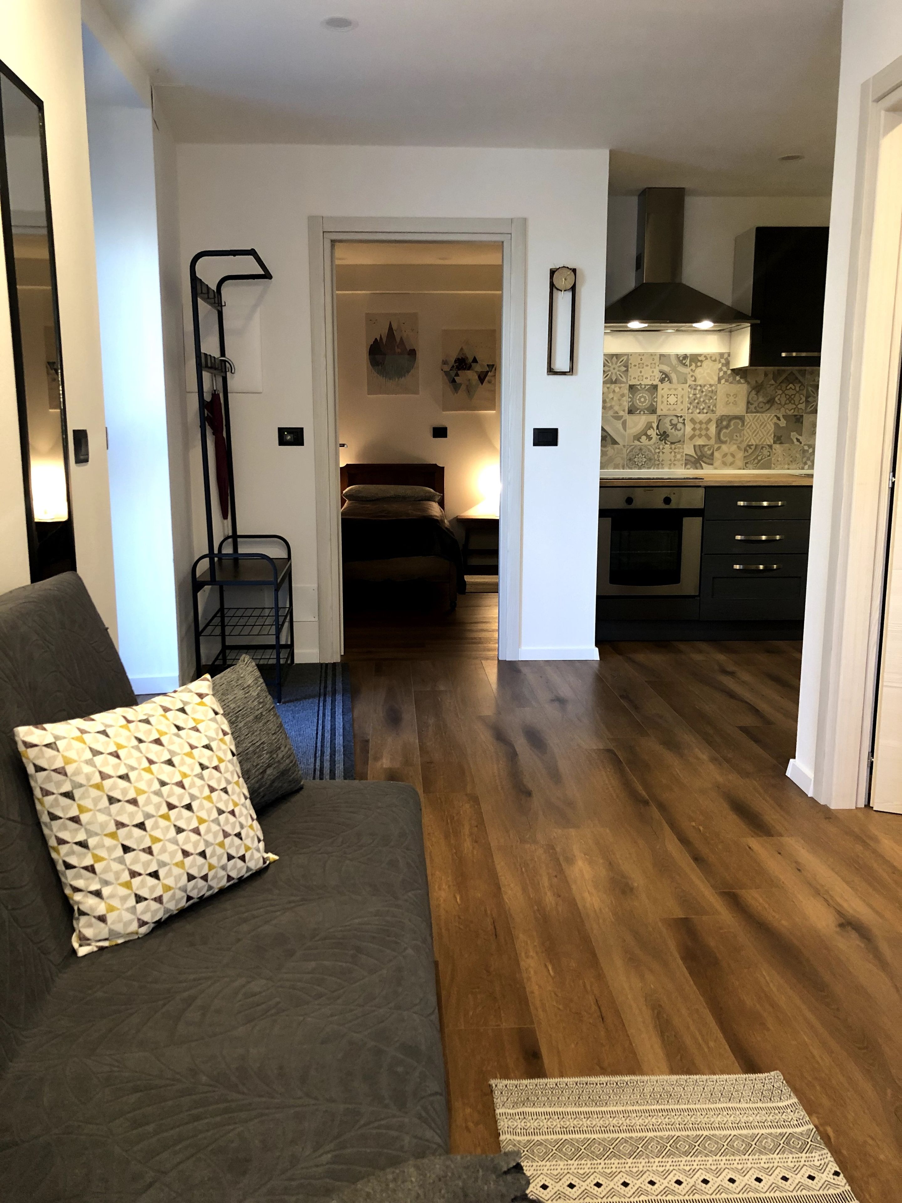 Ein modernes Wohnzimmer mit einer Couch, einem gemusterten Zierkissen und Holzboden.