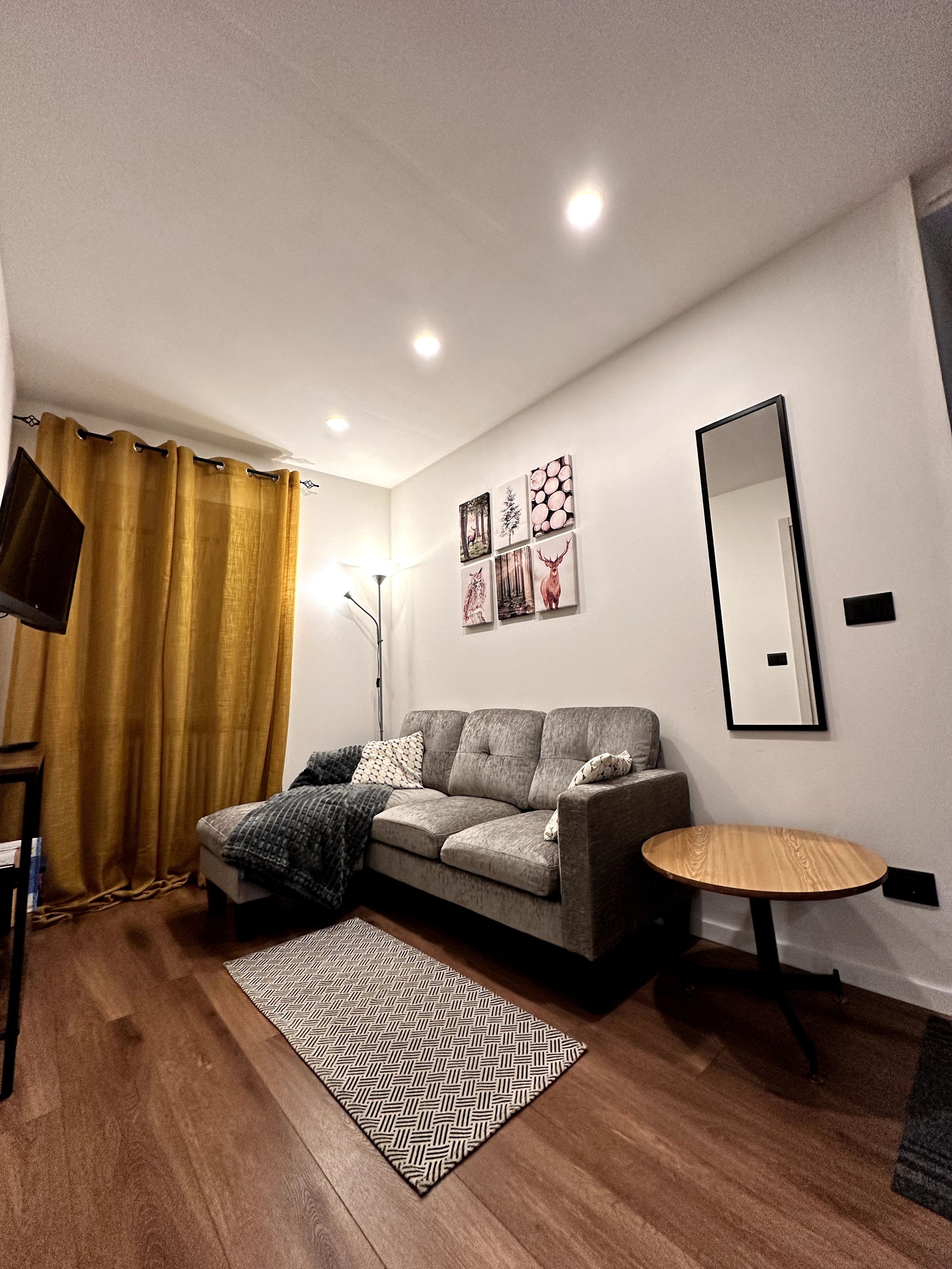 Un salon moderne avec un canapé gris, un tapis à motifs, une table ronde en bois et un grand miroir accroché au mur.
