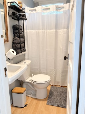 Et badeværelse med toilet, vask og bruseforhæng.