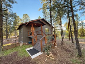 Eine Holzhütte mit einer Holztreppe, die zu einer Veranda führt, umgeben von Bäumen.