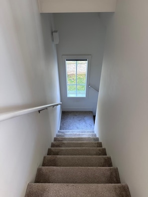 Eine Treppe führt zu einer Tür mit einem Fenster, die Stufen sind mit Teppich belegt und es gibt eine Handläufe.