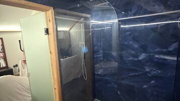 A bathroom with a glass-enclosed shower, a wooden door, and a marble wall.