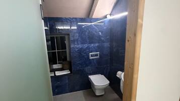 A small bathroom with a toilet, a sink, and a shower area.