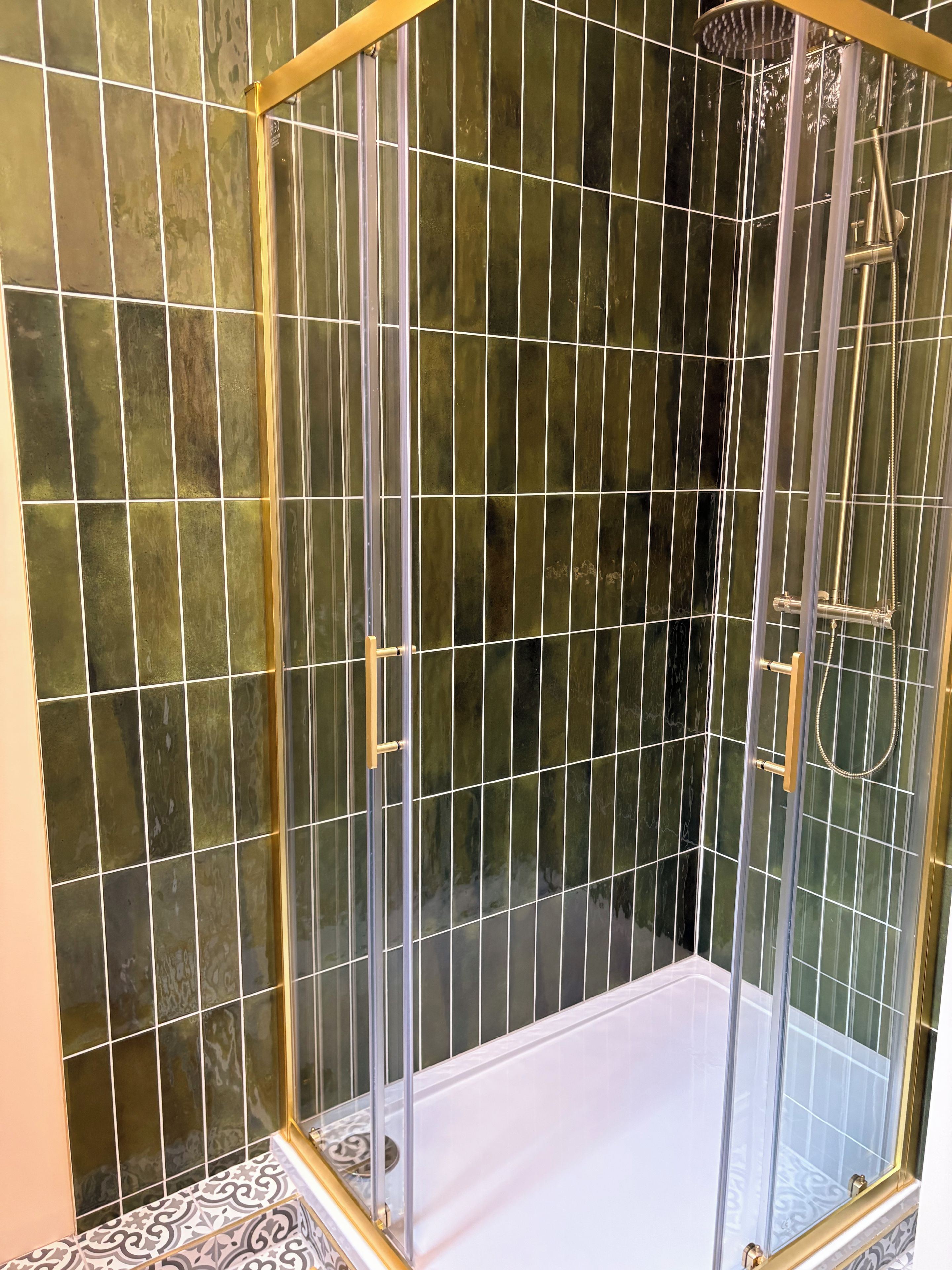 Shower, hair dryer, towels, toilet paper