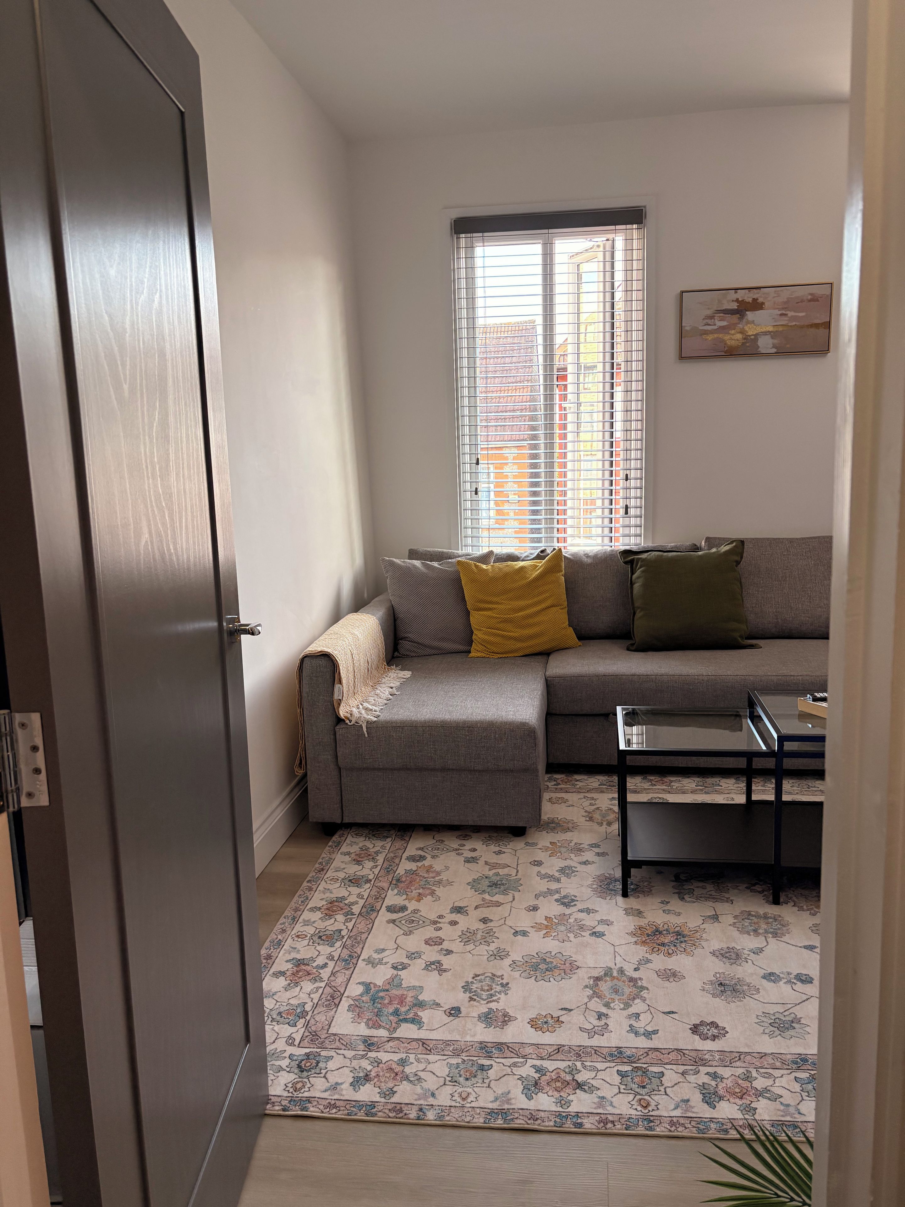 Un salon avec un canapé, une table basse et un tapis à motifs.