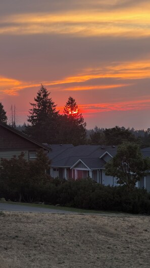 A residential area with houses, a clear sky, and a sunset. - Ocean View Haven, Ocean Views • Stunning Sunsets • Fully Equipped Home •  (Nanaimo)