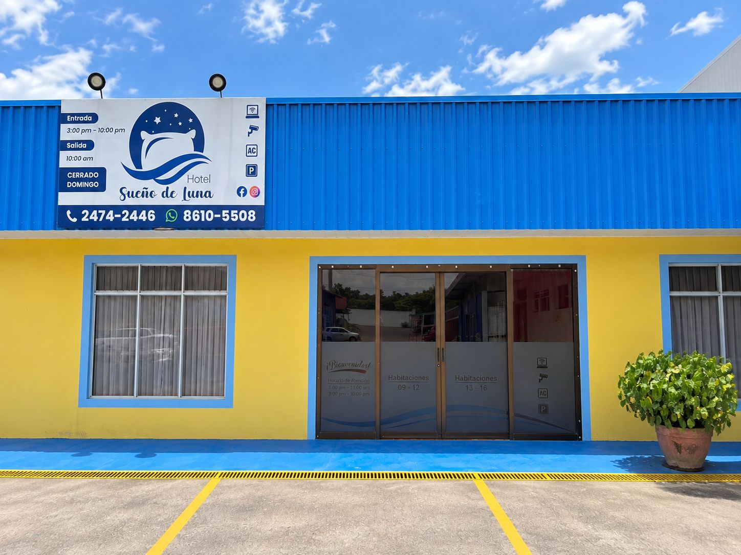 A hotel entrance with a blue and yellow facade, a reception desk, and a potted plant.