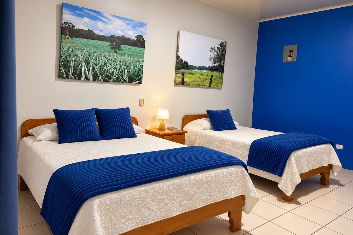 Ein Hotelzimmer mit zwei Betten, beide mit blauer Bettwäsche und weißen Kopfteilen. An den Wänden hängen zwei Landschaftsbilder.