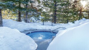 A snow-covered outdoor swimming pool with a metal ladder, surrounded by trees and a fence. - 2BR Tahoe 3 Suite at WorldMark Lake Tahoe Near Heavenly Ski Resort (Stateline)