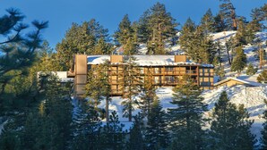Un lodge con facciata in legno, diverse finestre e un tetto imbiancato dalla neve, immerso tra alberi con le montagne sullo sfondo.