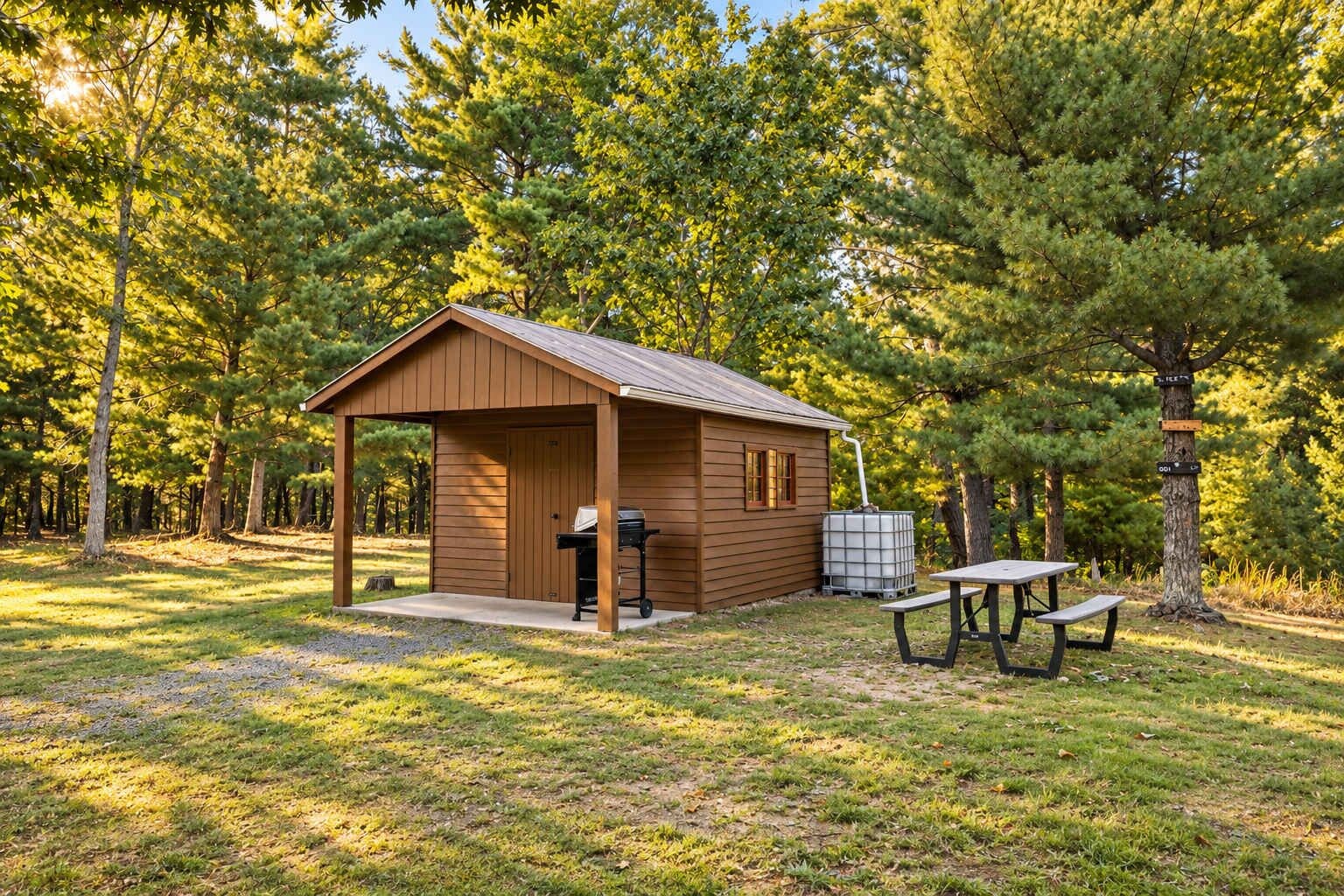 Un piccolo chalet in legno con veranda, barbecue e tavolo da picnic in una zona boschiva.