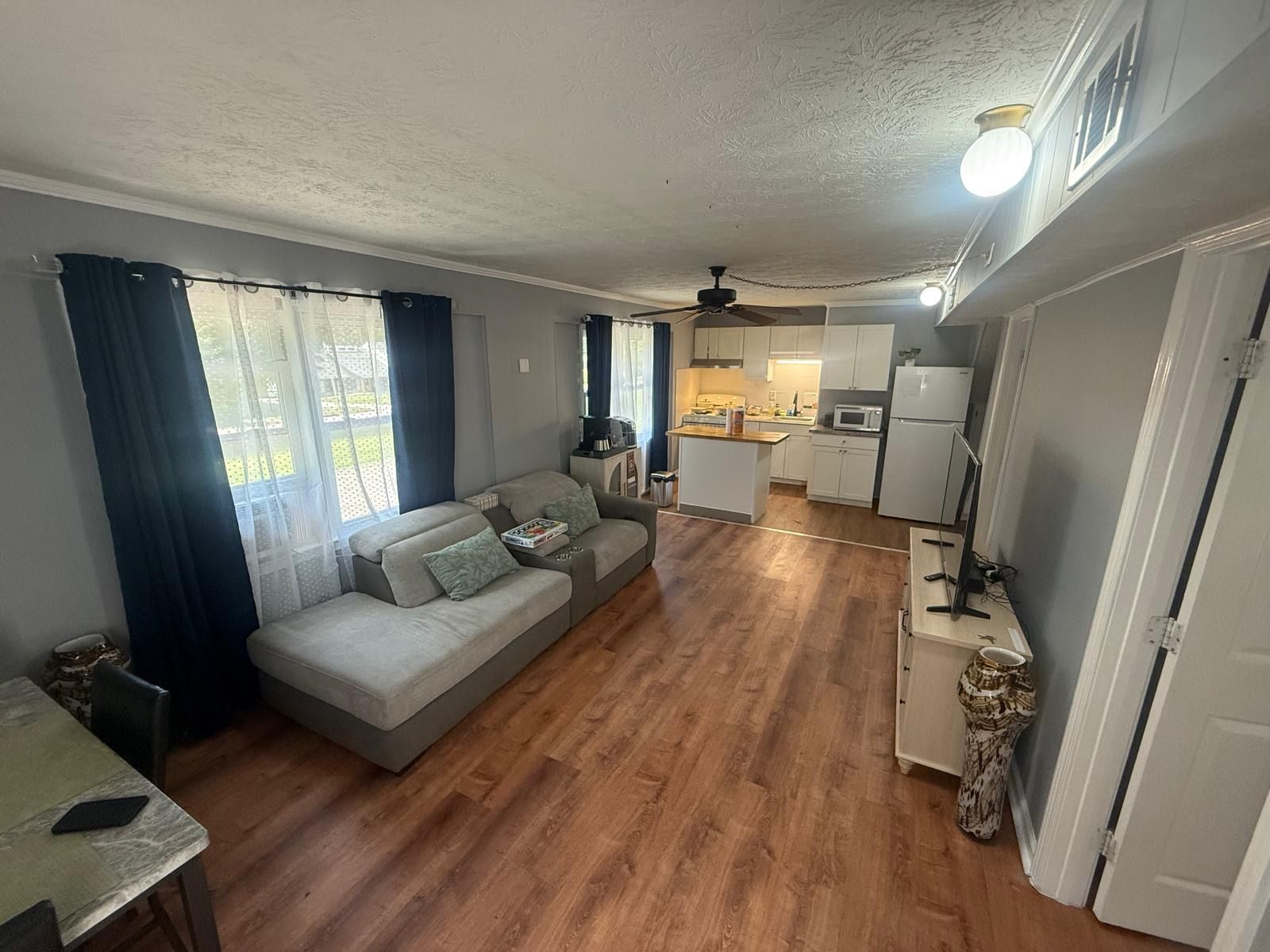 A compact living space with a sofa, dining table, and kitchenette.