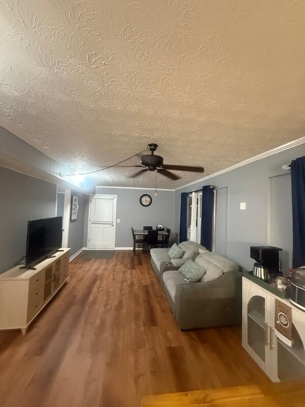 A living room with a television, sofa, dining table, and ceiling fan.