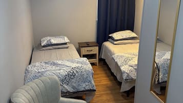 A bedroom with two beds, a chair, a nightstand, a mirror, and a ceiling light.