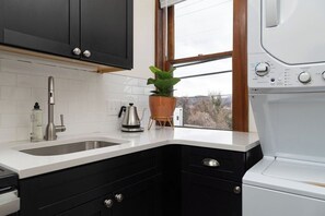 A kitchen with a double sink, a coffee maker, and a potted plant. - Stay Roanoke | Luxe loft w/city & mountain views (Roanoke)