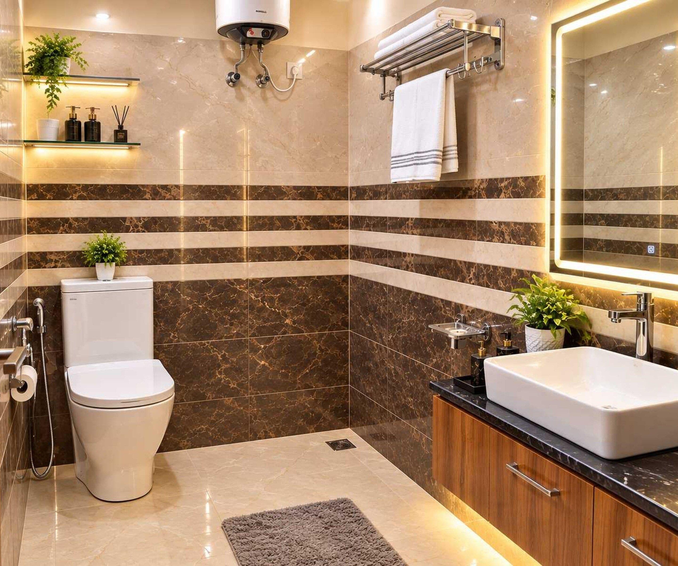 Un baño moderno con inodoro, lavabo y ducha.