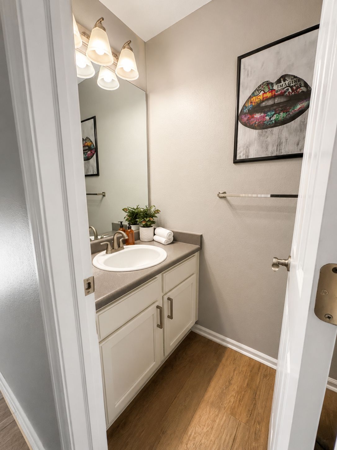 A bathroom with a white sink, a mirror, a potted plant, and a framed artwork on the wall.