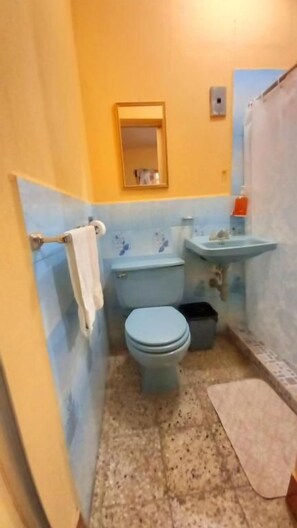 Un baño con inodoro, lavamanos, espejo y zona de ducha.