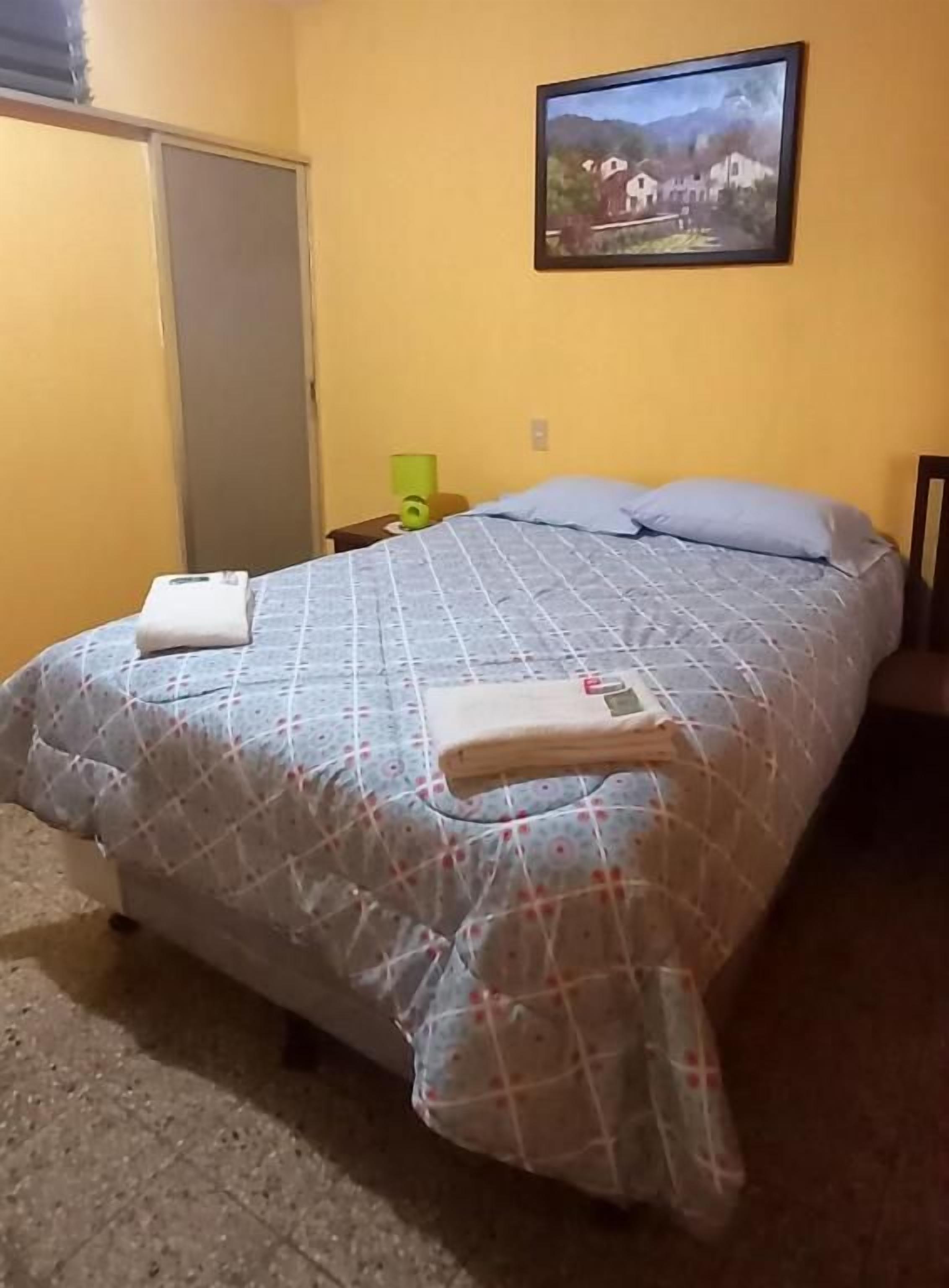 Een hotelkamer met een bed, een schilderij aan de muur en een deur.