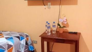 Une pièce comprenant un lit, un téléviseur fixé au mur, une petite table en bois avec deux bouteilles et une télécommande, et une plante en pot.