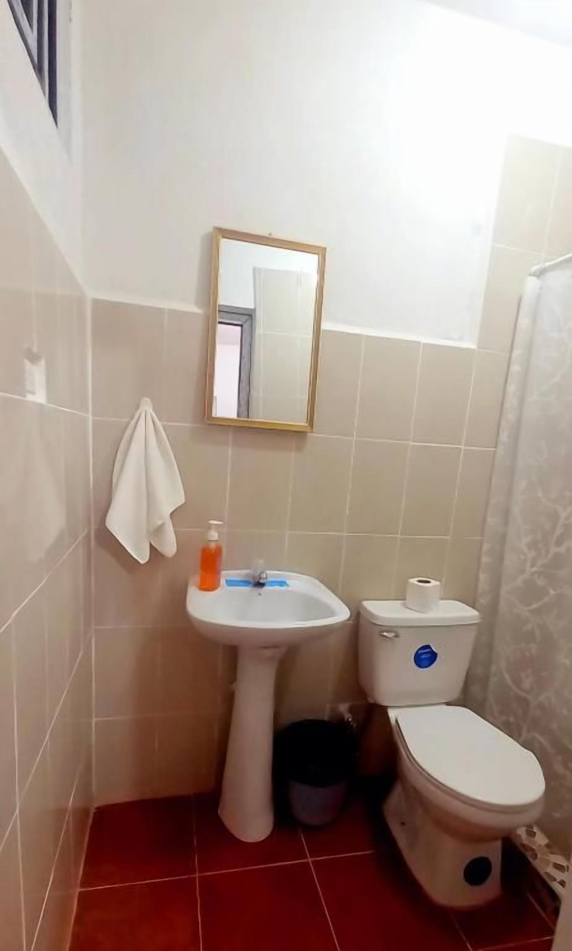 Un baño pequeño con lavamanos, inodoro y espejo.
