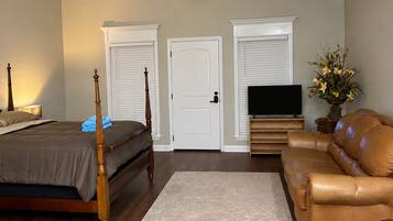 A bedroom with a bed, a ceiling fan, a TV, a sofa, and a door.