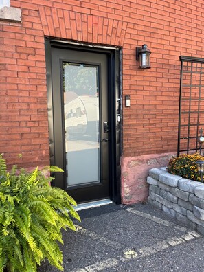 A black-framed door with a glass panel, a metal gate, and a stone wall with flowers.