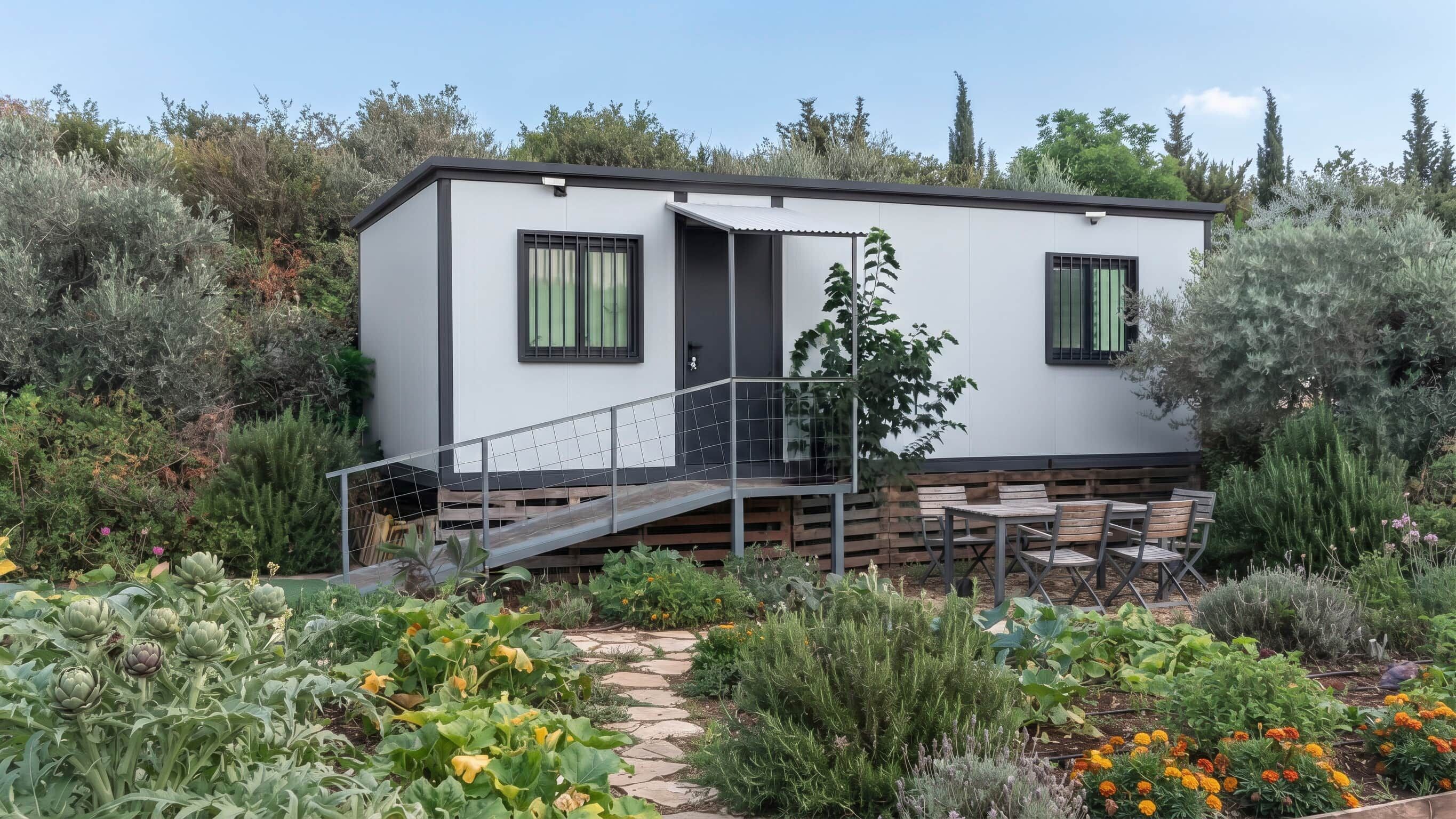 A modern house with a balcony, surrounded by a garden with various plants and flowers.