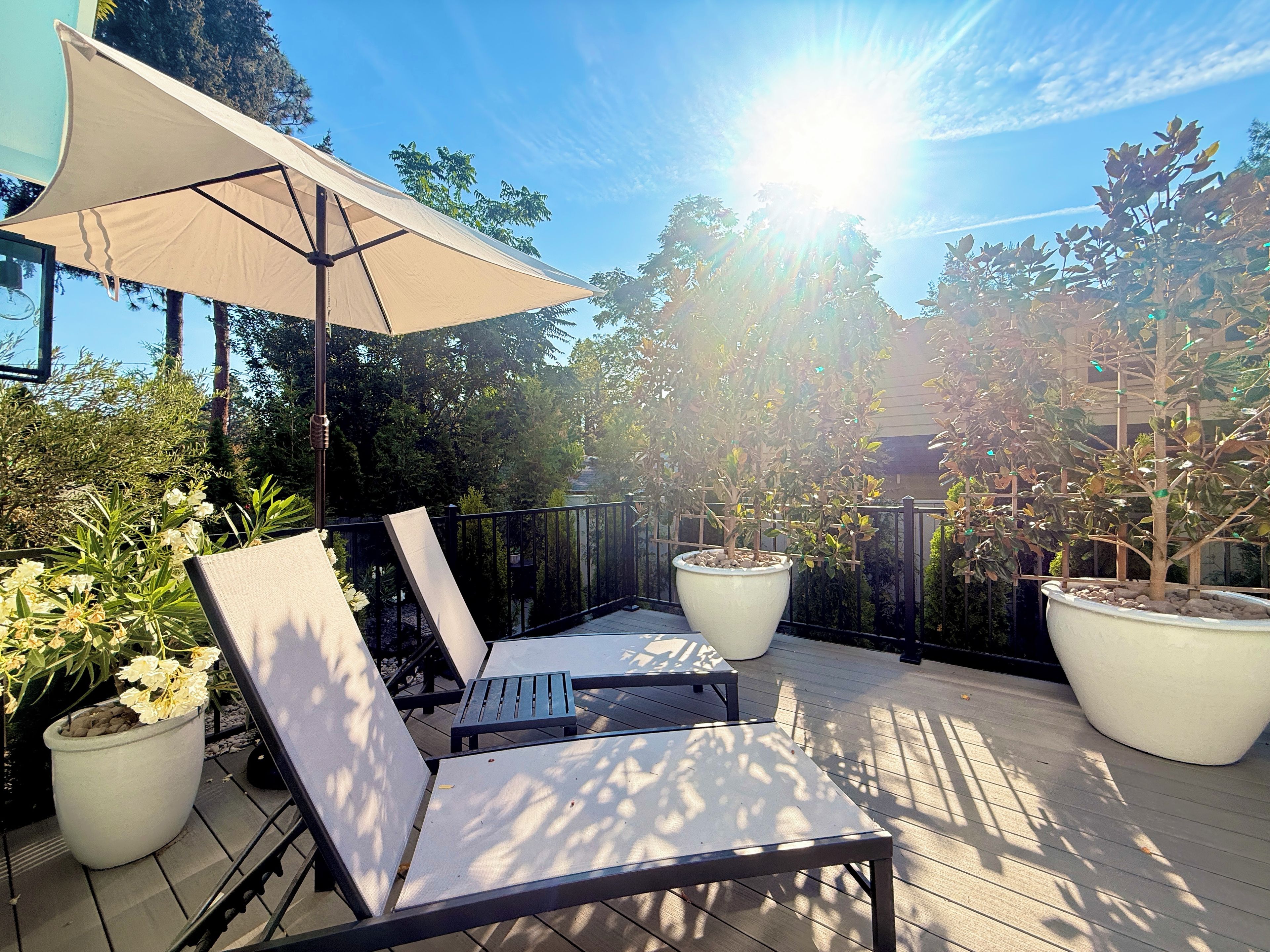 A sunlit outdoor seating area with lounge chairs and a large umbrella, surrounded by potted plants and a wooden deck.