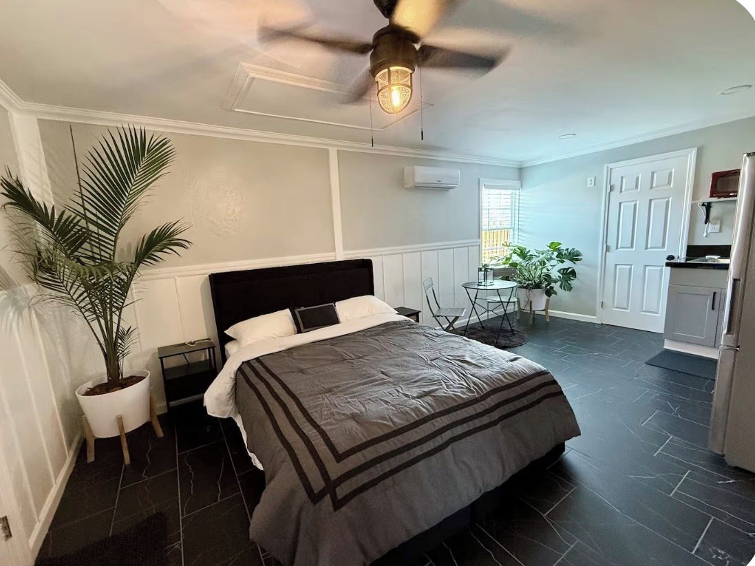 A bedroom with a bed, a ceiling fan, a potted plant, a small table, and a view of the kitchen.