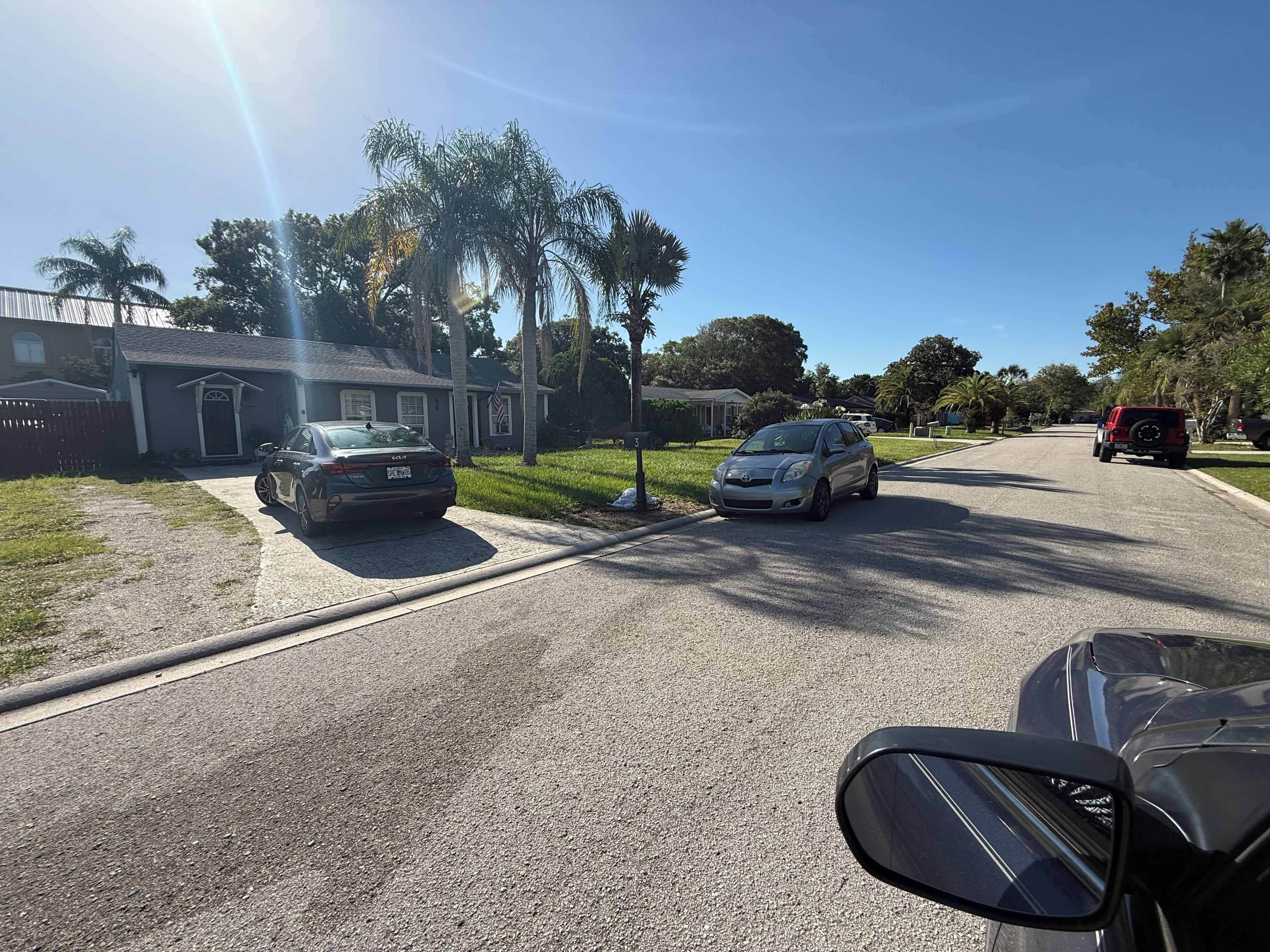 A residential street with houses, parked cars, and palm trees.