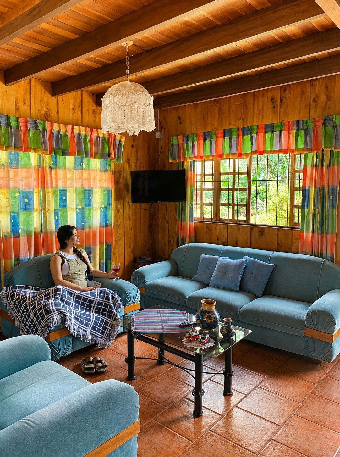 Una habitación acogedora con paredes y techo de madera, un sofá azul, un sillón a juego, una mesita con adornos y un televisor montado en la pared.