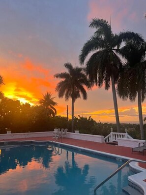 A swimming pool with a white deck, surrounded by palm trees, during sunset.