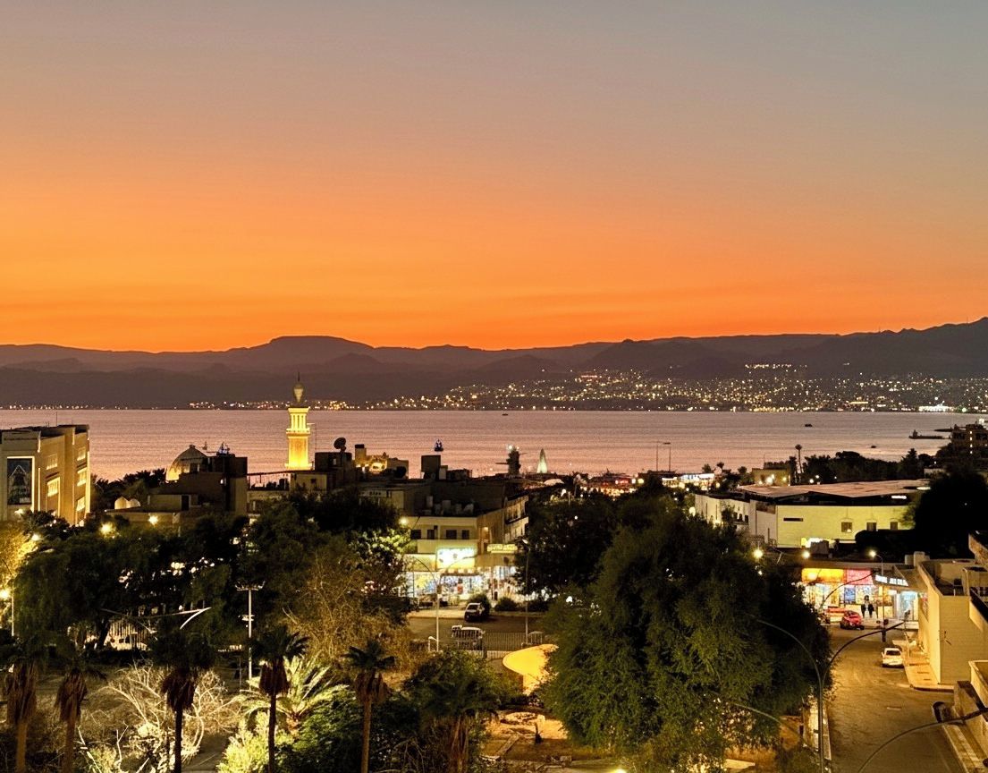 Un paysage urbain côtier au crépuscule, avec une tour imposante, des rues illuminées et une vue sur la mer.