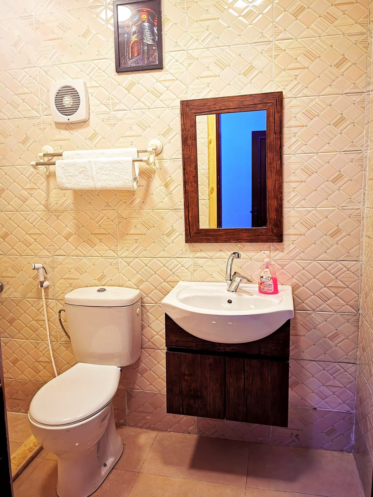 Casa de banho com sanita, lavatório e espelho.